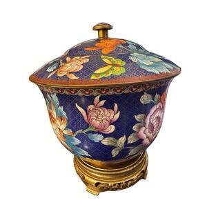 Vintage Chinese Cloisonné‎ Lidded Enamel Floral Urn Jar Grandmillennial Style